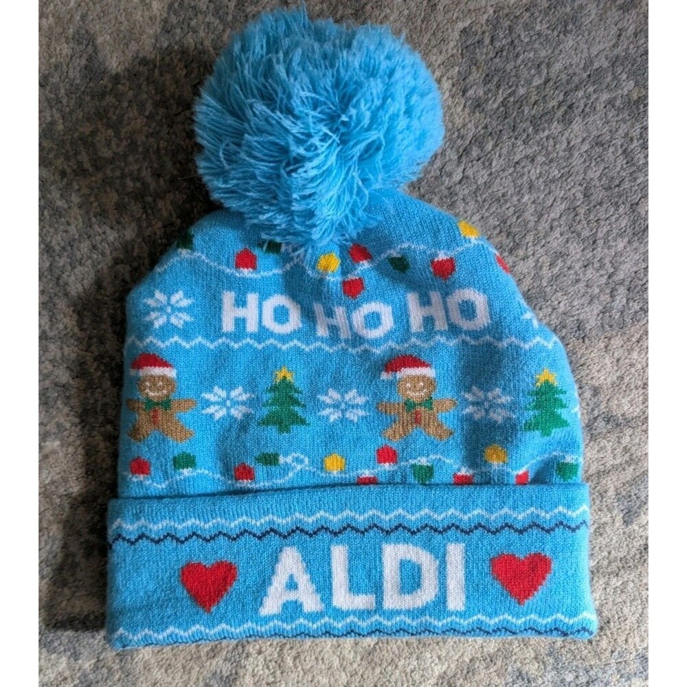 Aldi Beanie Hat Gear Holiday Christmas 2024 Gingerbread Trees Lights Blue OS